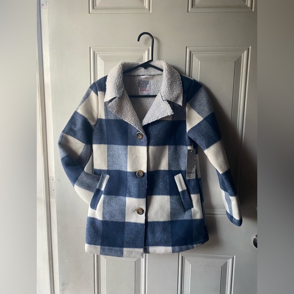 Kensie Girl Blue and Cream Checkered Pea Coat - Picture 1 of 7